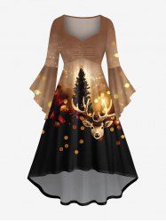Robe Plissée 3D Sapin de Noël et Boule Imprimés à Manches Evasées de Grande Taille - café M