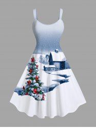 Plus Size Christmas Tree Bowknot Snowflake House Print Tank Dress -  