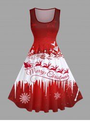 Robe Vintage Père Noël Traîneau et Flocon de Neige Imprimés en Blocs de Couleurs de Grande Taille - Rouge 1X