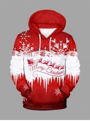 Plus Size Christmas Snowflake Elk Santa Claus Sled Colorblock Print Pocket Drawstring Hoodie For Men -  