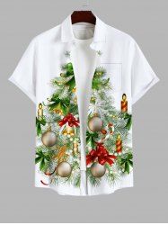 Plus Size Christmas Tree Ball Candle Bells Bowknot Light Print Buttons Pocket Shirt For Men -  