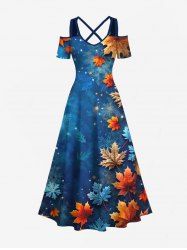 Plus Size Christmas Ombre Snowflake Galaxy Maple Leaves Print Crisscross A Line Maxi Dress -  