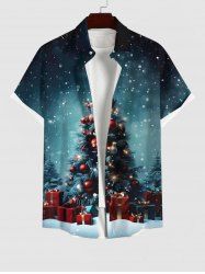 Chemise grande taille homme imprimée sapin de Noël, boules, étoiles et flocons de neige, boîte cadeau, boutons et poche - Multi-A 4XL