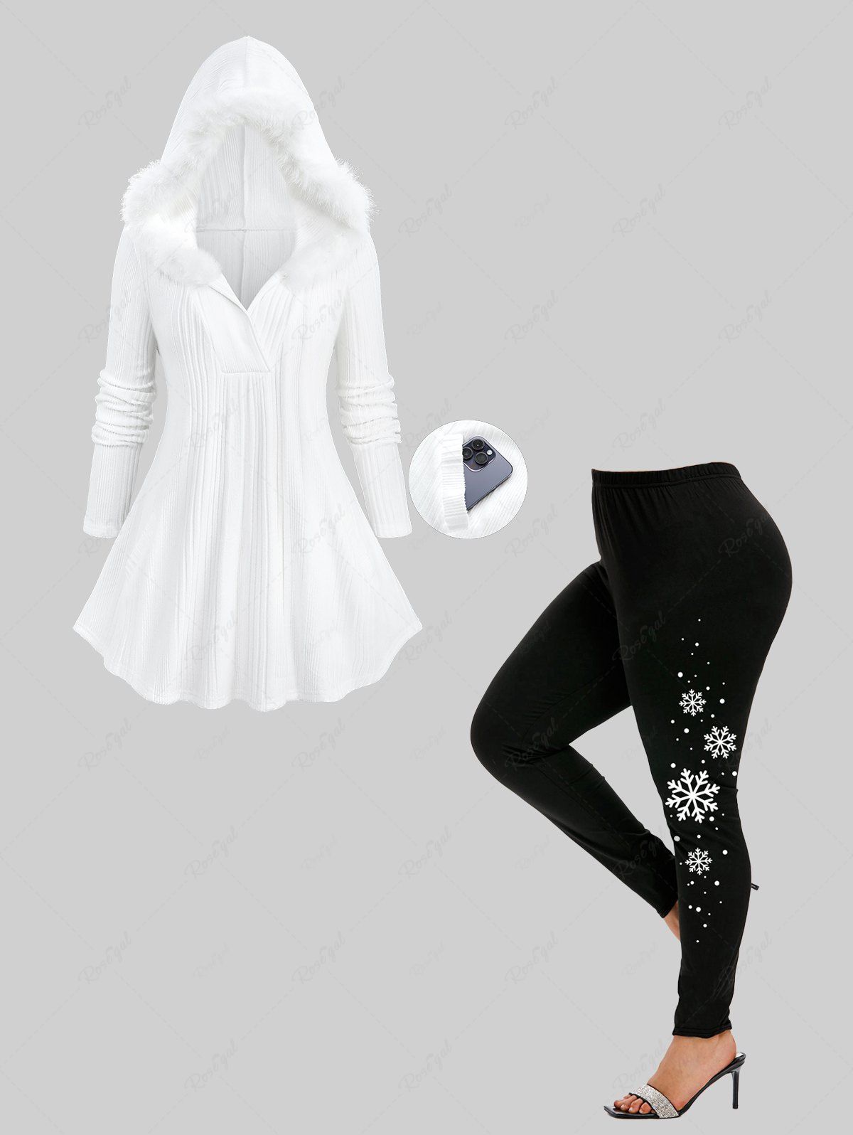 Online Surplice Textured Fleece Trim Hooded Top and Snowflake Print Leggings Plus Size Outfit  
