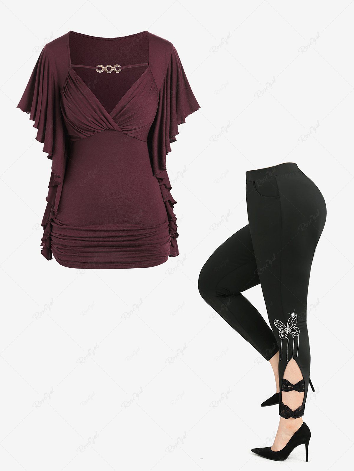 Sale Plus Size Flounce Ruched Butterfly Sleeves Tee and Bowknot Lace Leggings Plus Size Outfit  