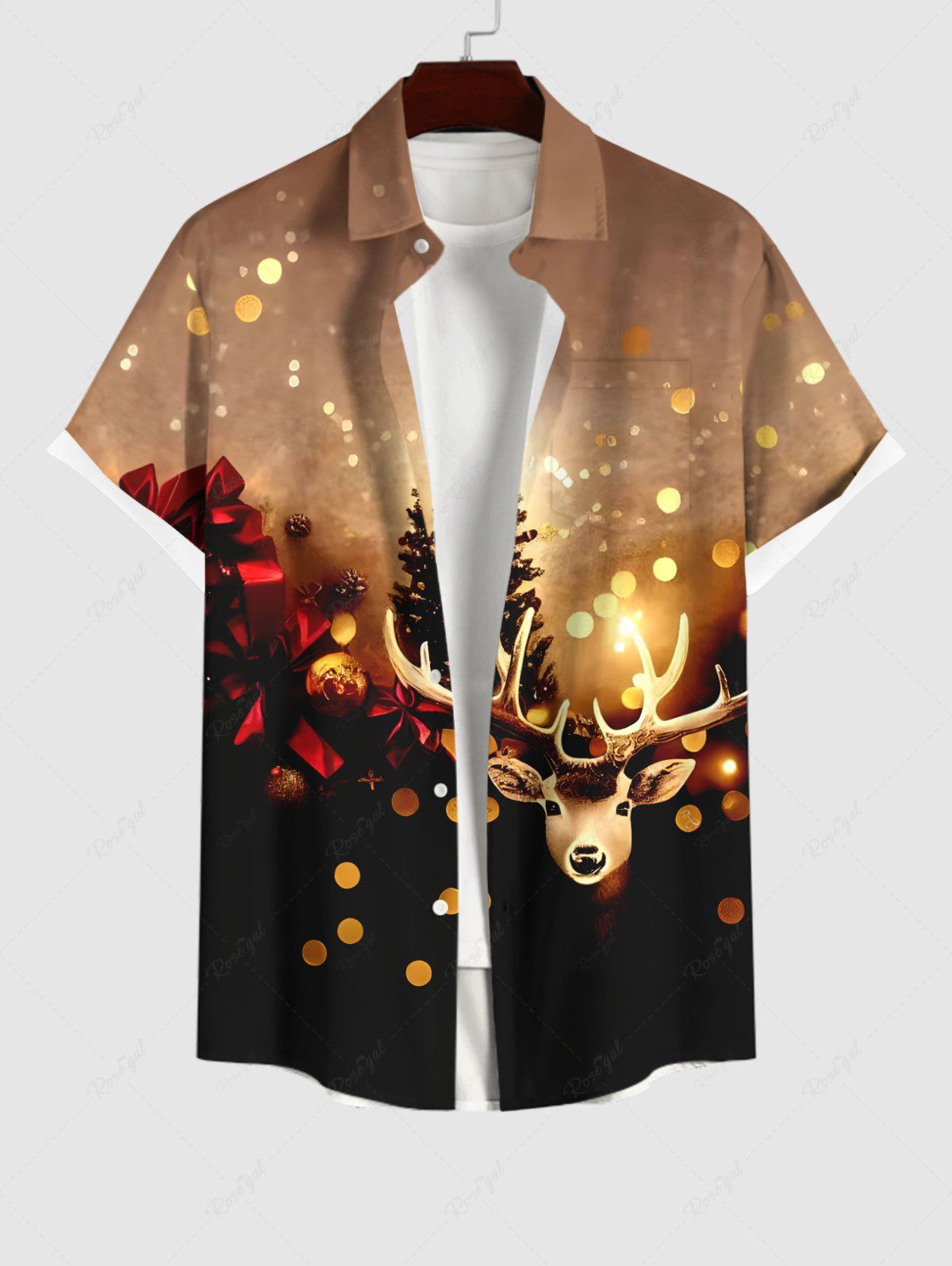 Fancy Plus Size Christmas Tree Elk Ball Light Spots Glitter 3D Print Buttons Pocket Shirt For Men  