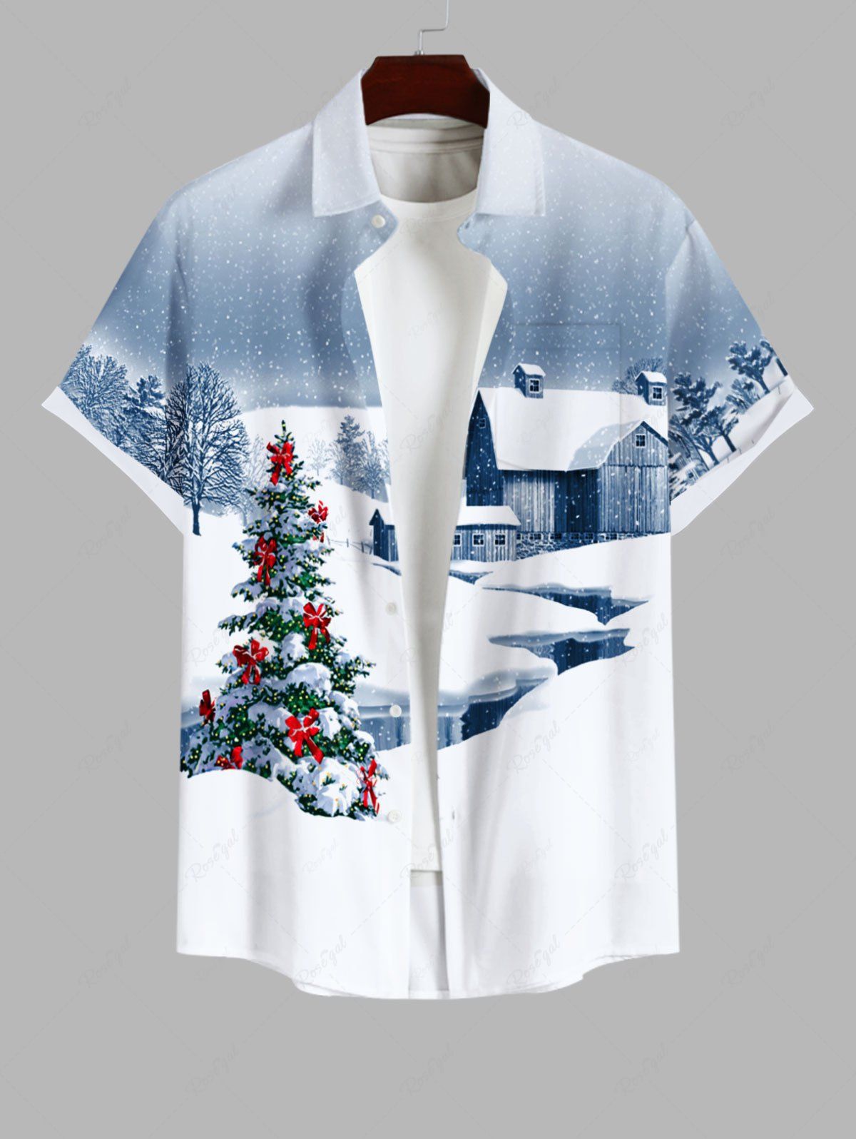 New Plus Size Christmas Tree Bowknot Snowflake House Print Buttons Pocket Shirt For Men  