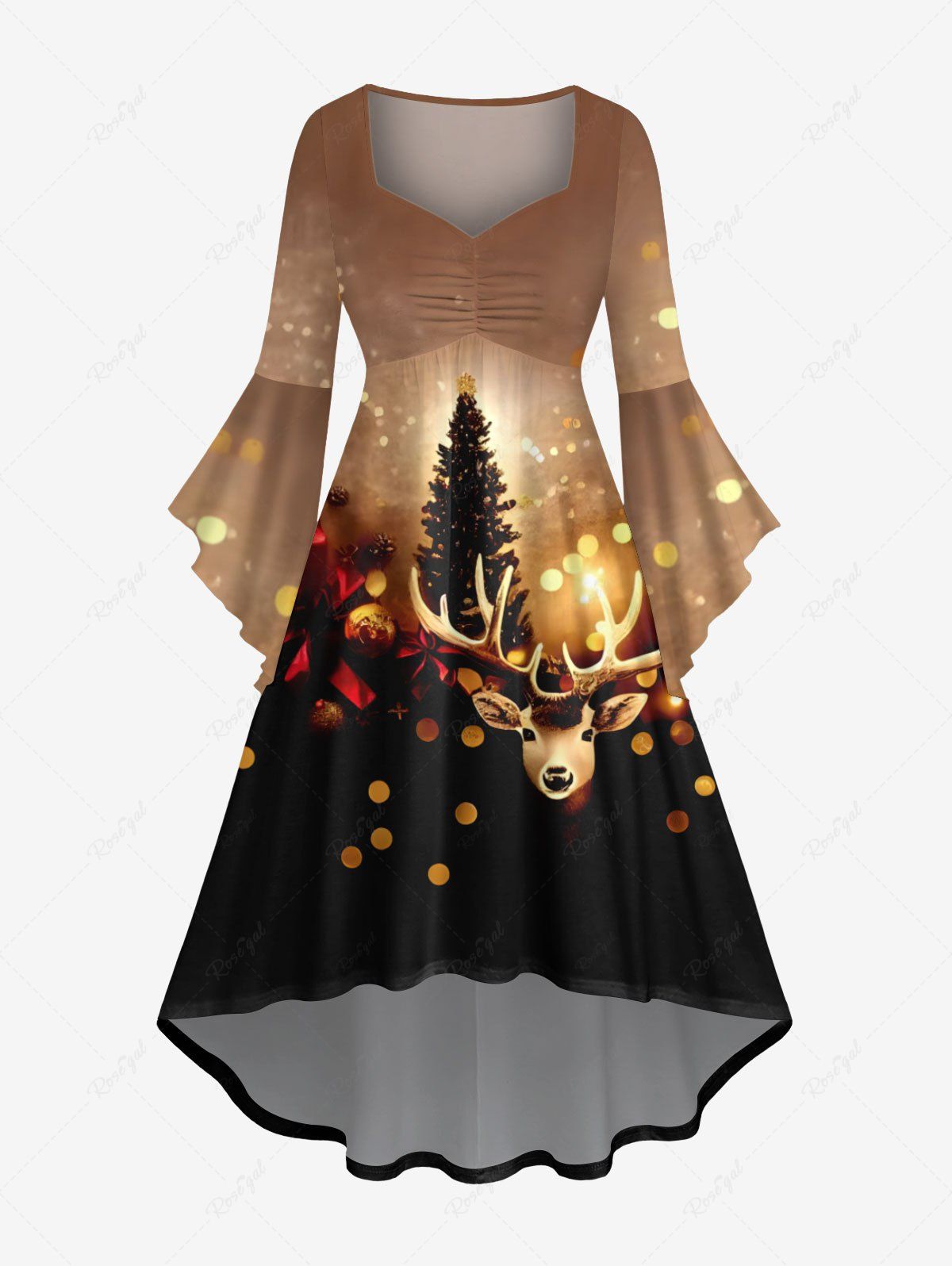 Robe Plissée 3D Sapin de Noël et Boule Imprimés à Manches Evasées de Grande Taille café M
