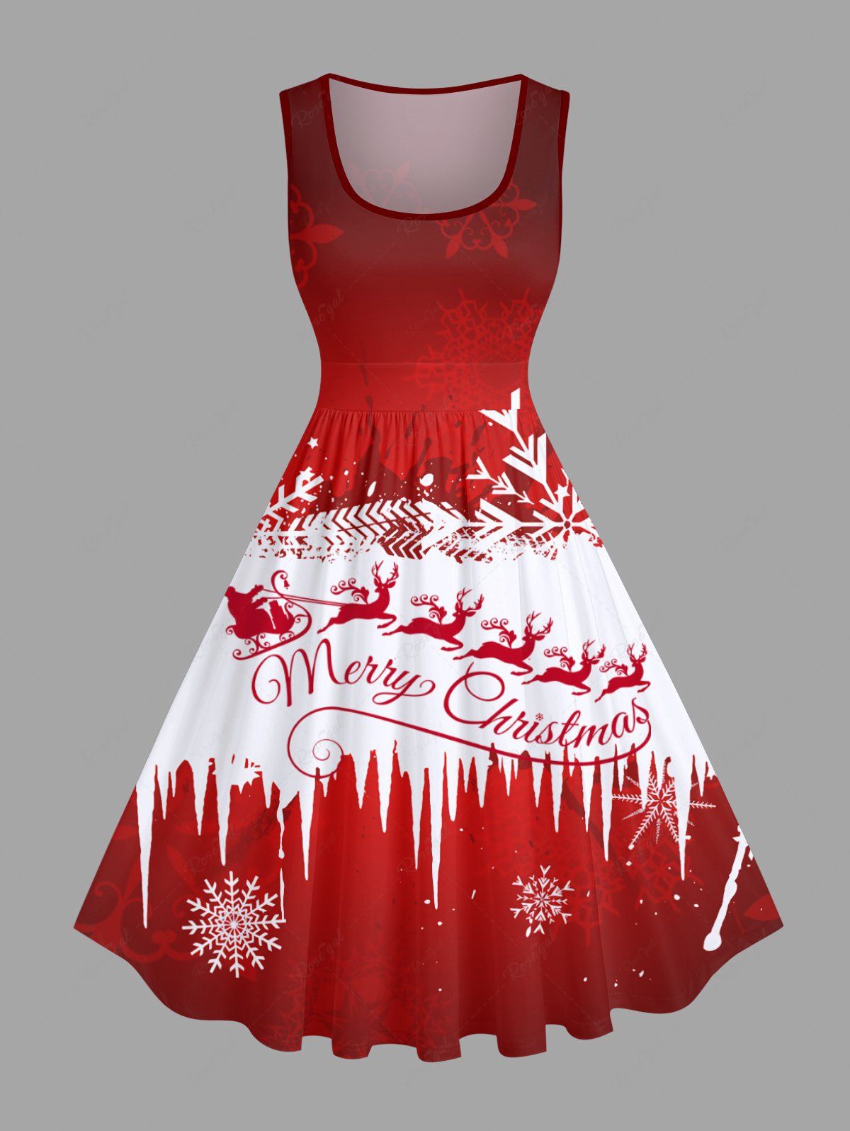 Robe Vintage Père Noël Traîneau et Flocon de Neige Imprimés en Blocs de Couleurs de Grande Taille Rouge 1X