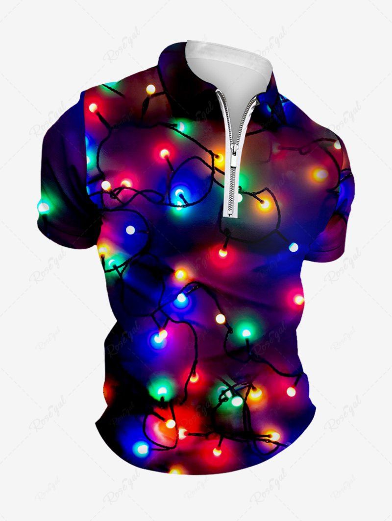 Hot Plus Size Christmas Light Colorful Glitter 3D Print Zipper Polo Shirt For Men  