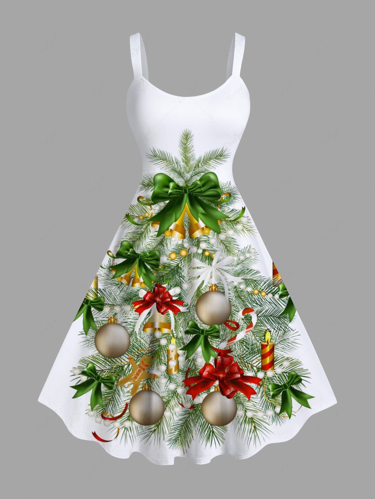 Outfit Plus Size Christmas Tree Ball Candle Bells Bowknot Light Print Tank Dress  