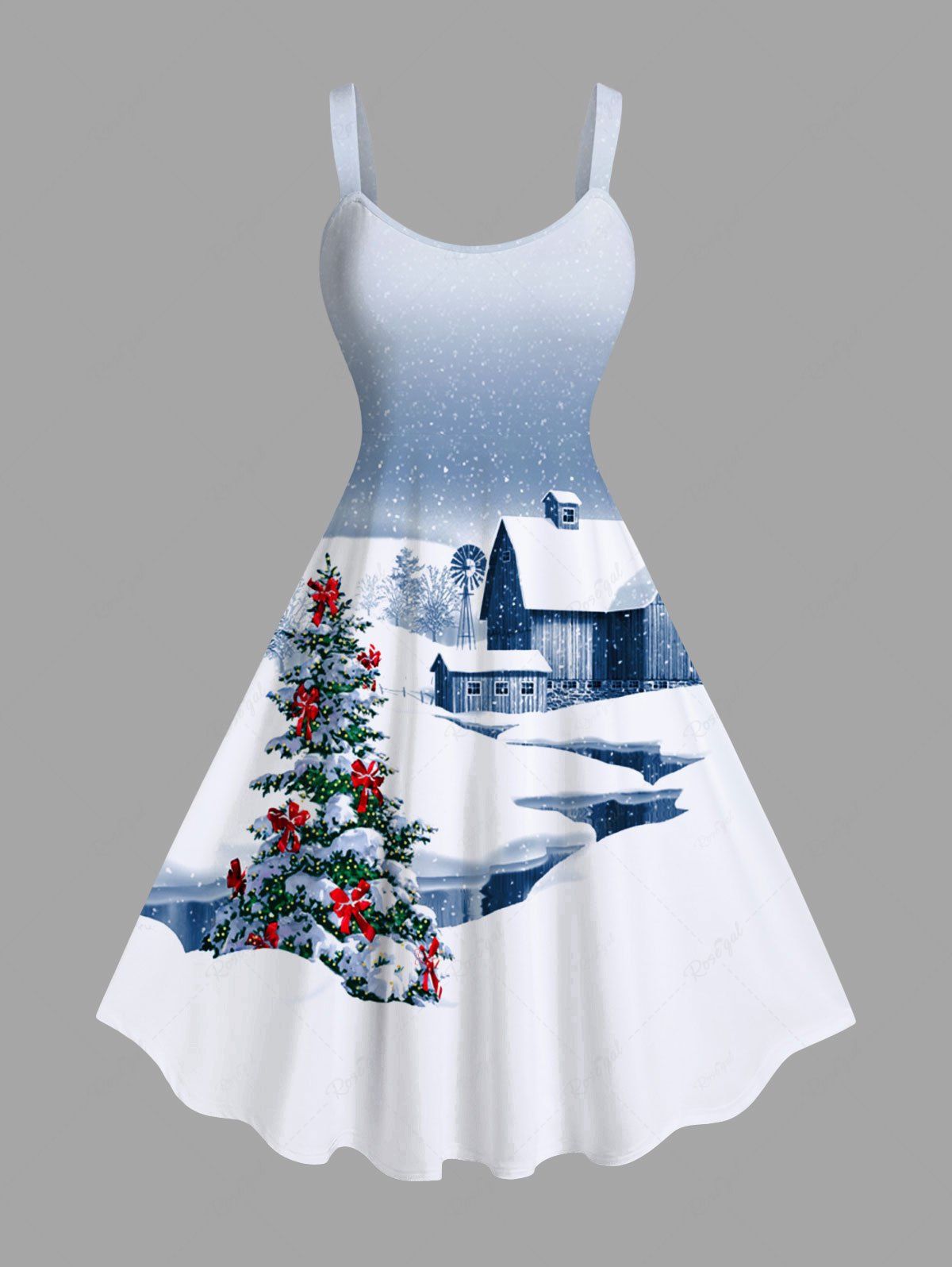 Latest Plus Size Christmas Tree Bowknot Snowflake House Print Tank Dress  
