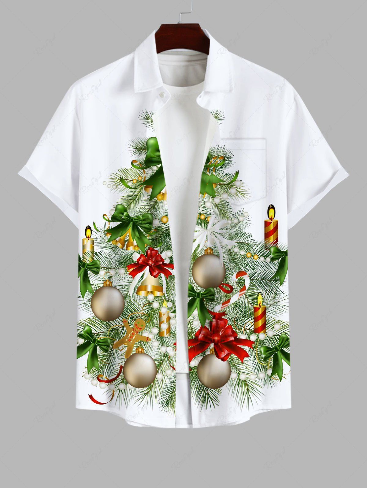 Shops Plus Size Christmas Tree Ball Candle Bells Bowknot Light Print Buttons Pocket Shirt For Men  
