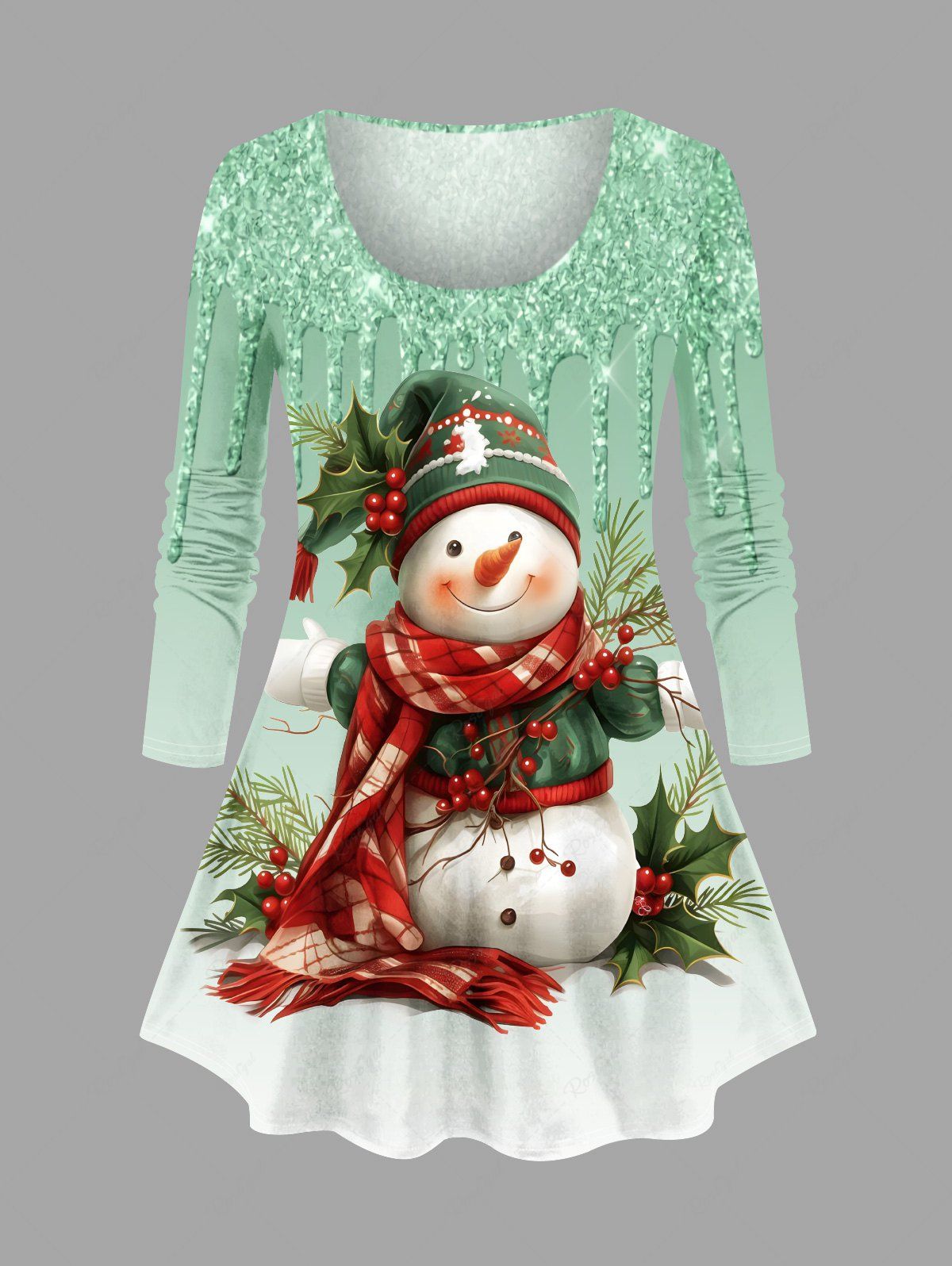 Online Plus Size Christmas Hat Scarf Snowman Holy Fruit Paint Drop Sparkling Sequin 3D Print  T-shirt  