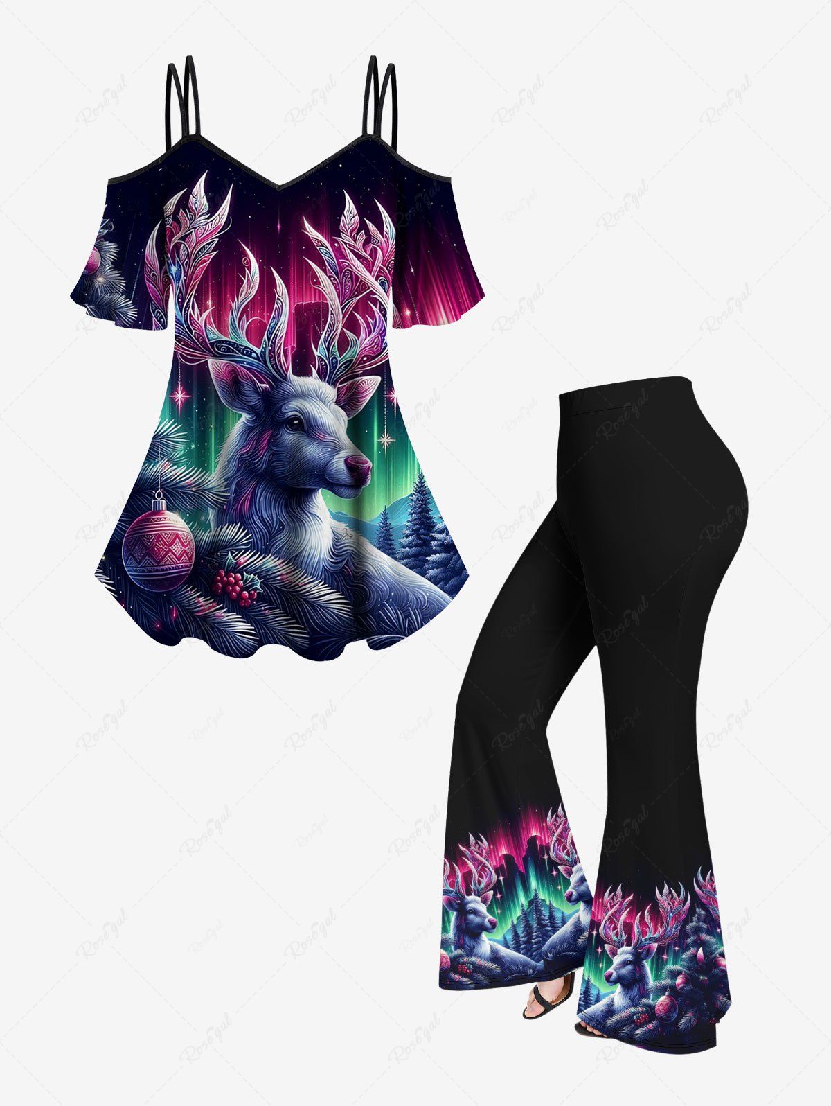 New Christmas Tree Ball Elk Ombre Aurora Print Cold Shoulder Cami T-shirt and Flare Pants Plus Size Matching Set  
