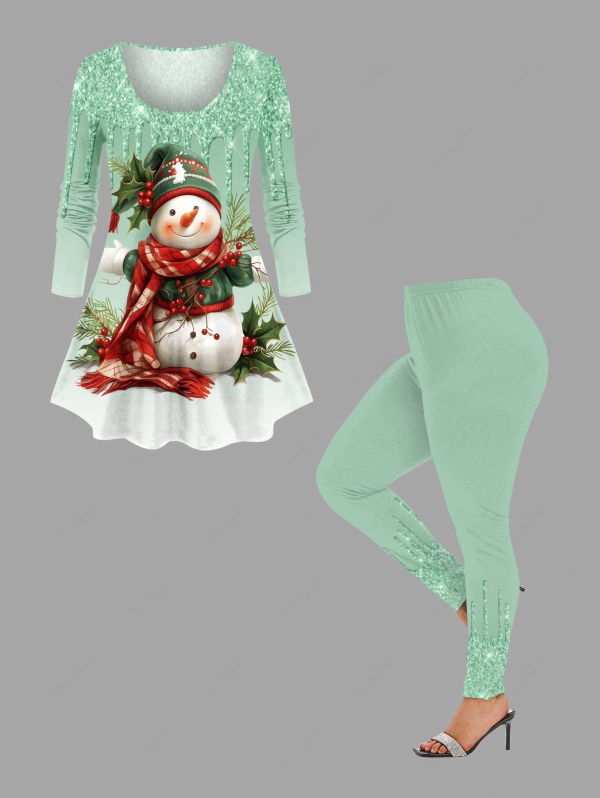 Ensemble de Foulard Brillantes Imprimé Bonhomme de Neige et Chapeau de Noël 3D avec Paillettes Grande Taille Vert clair 