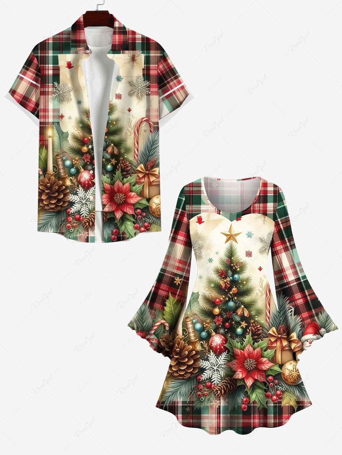 Fancy Christmas Tree Ball Floral Snowflake Pine Cones Plaid Print Plus Size Matching Set For Couples  