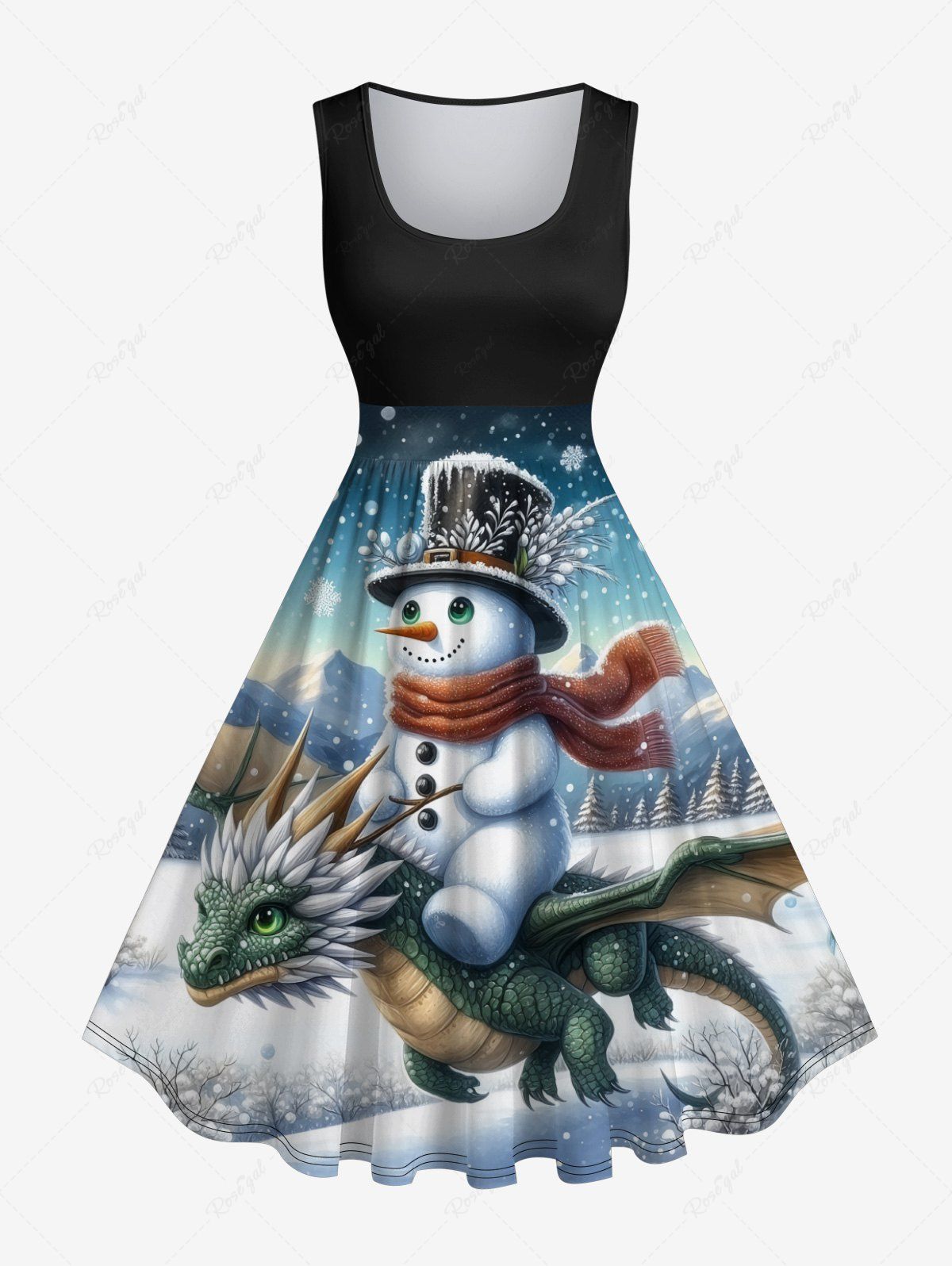 Robe de Noël Trapèze Vintage Ombré Imprimé Dragon Flocon de Neige Grande Taille Noir S
