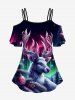 Christmas Tree Ball Elk Ombre Aurora Print Cold Shoulder Cami T-shirt and Flare Pants Plus Size Matching Set -  