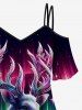 Christmas Tree Ball Elk Ombre Aurora Print Cold Shoulder Cami T-shirt and Flare Pants Plus Size Matching Set -  