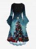 Plus Size Christmas Tree Ball Star Snowflake Gift Box Print Ruched Flare Sleeve High Low Dress -  