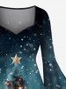 Plus Size Christmas Tree Ball Star Snowflake Gift Box Print Ruched Flare Sleeve High Low Dress -  