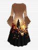 Robe Plissée 3D Sapin de Noël et Boule Imprimés à Manches Evasées de Grande Taille - café M
