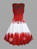 Robe Vintage Père Noël Traîneau et Flocon de Neige Imprimés en Blocs de Couleurs de Grande Taille - Rouge 1X