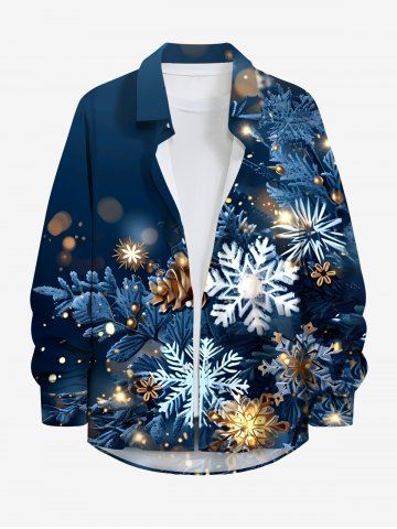 Plus Size Christmas Metallic Snowflake Flowers Glitter 3D Print Buttons Pocket Long Sleeve Shirt For Men - DEEP BLUE - 2XL