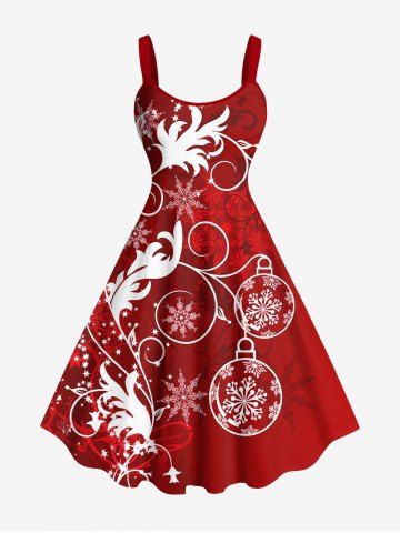 Robe Débardeur à Imprimé Feuilles Fleurs Flocons de Neige et Boule de Noël Grande-Taille - RED - 6X