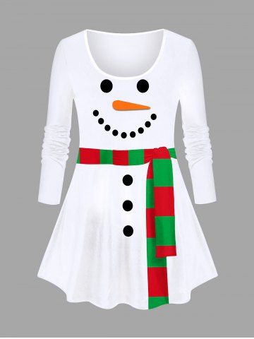 Plus Size Christmas Snowman Striped Scarf Print T-shirt - WHITE - S