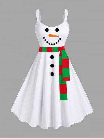 Plus Size Christmas Snowman Striped Scarf Print Tank Dress - WHITE - S