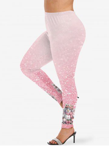 Plus Size Christmas Ball Snowman Bowknot Flowers Snowflake Sparkling Sequin 3D Print Leggings - LIGHT PINK - M