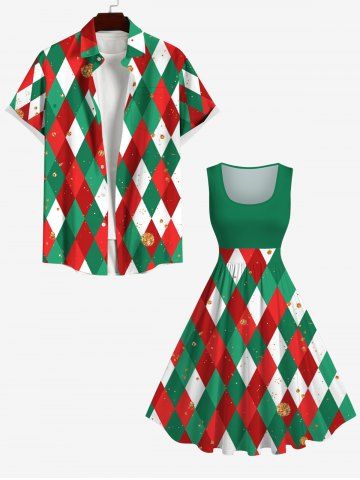 Christmas Elf Rhombus Lattice Colorblock Print Plus Size Matching Outfit For Couples - GREEN