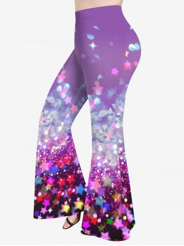 Plus Size Glitter Sparkling Christmas Sequins Stars Print Flare Pants - PURPLE - S