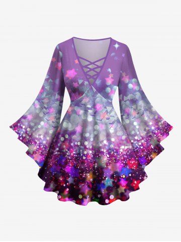 Plus Size Glitter Sparkling Christmas Sequins Stars Print Lattice Long Sleeves T-shirt - PURPLE - 1X