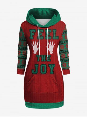 Plus Size Christmas Snowflake Striped Letters Palm Textured Print Pocket Drawstring Pullover Long Sleeves Hoodie - RED - 2XL