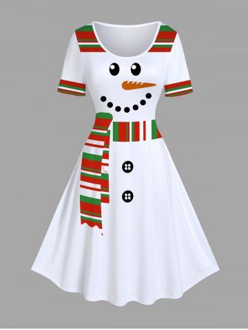 Robe de Noël Ligne A Rayée Colorée Bonhomme de Neige Imprimé de Grande Taille - WHITE - XS