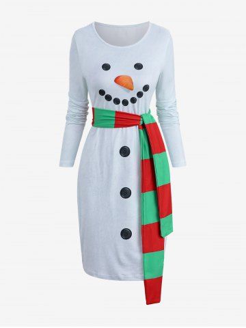 Christmas Snowman Print Long Sleeves Dress with Striped Two Tone Tied Belt - WHITE - S