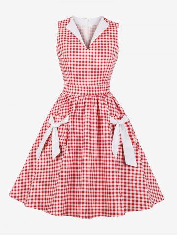 Plaid Print Bowknot Lapel Collar Pocket Vintage Dress - RED - S