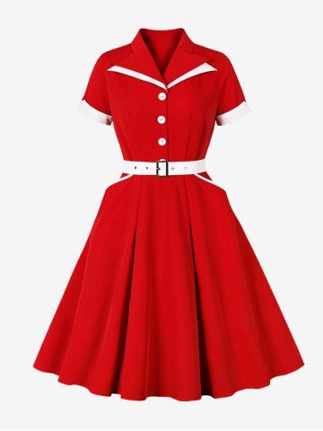 Two Tone Patchwork Buttons Pockets Lapel Collar Vintage Dress With Belt - RED - S