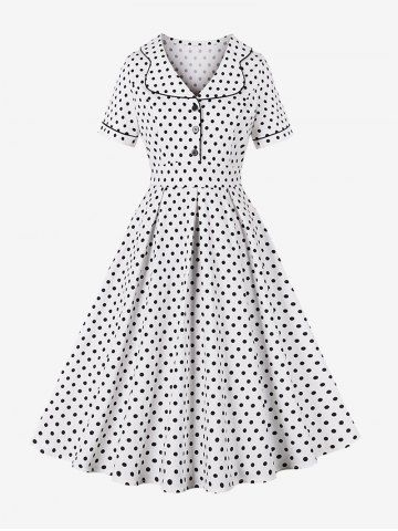 Polka Dots Print Lapel Collar Buttons Vintage Dress - WHITE - S