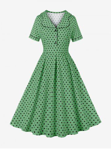 Polka Dots Print Lapel Collar Buttons Vintage Dress - GREEN - S