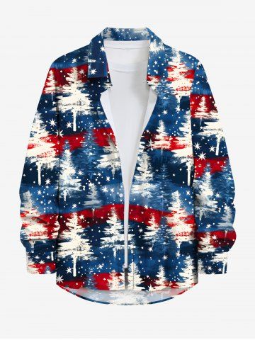Plus Size Christmas Tree Stars Galaxy Patriotic American Flag Print Button Long Sleeves Shirt For Men - BLUE - L