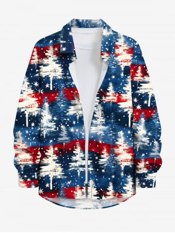 Plus Size Christmas Tree Stars Galaxy Patriotic American Flag Print Button Long Sleeves Shirt For Men - BLUE - 7XL