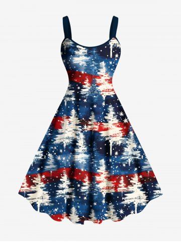 Plus Size Christmas Tree Stars Galaxy Patriotic American Flag Print A Line Tank Dress - BLUE - XS