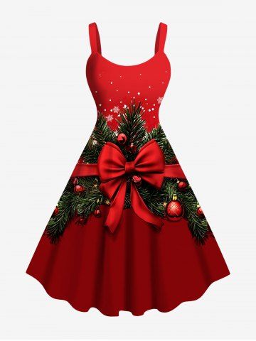 Plus Size Christmas Ball Tree Snowflake Bowknot Print Tank Dress - RED - L