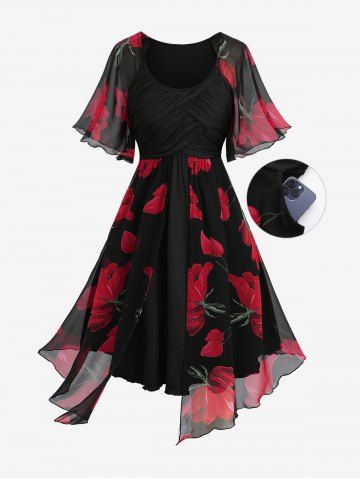 Plus Size Flowers Print Chiffon Ruched Panel Ruffles Split Hem Layered Dress - BLACK - L | US 12