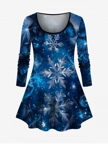 Plus Size Christmas Snowflake Glitter Galaxy Print Long Sleeves T-shirt - BLUE - 6X