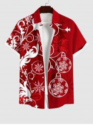 Plus Size Christmas Ball Snowflake Floral Leaf Print Buttons Pocket Shirt For Men -  